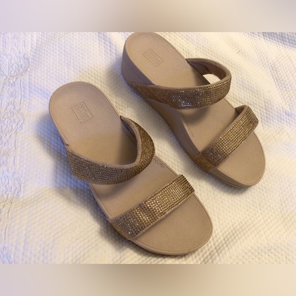 FITFLOP Gold Studded 2 Straps Slides Comfort Soles Platform Sandals size 8 - Picture 2 of 4